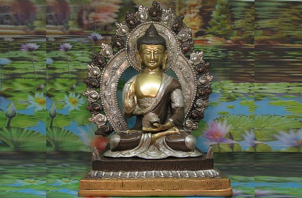 * Bronzen Boeddha altaar 30 cm met (Edel) shungiet en kristal