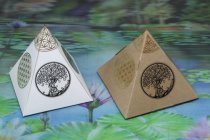 * Karton piramides of transparant kubussen met shungiet brokjes